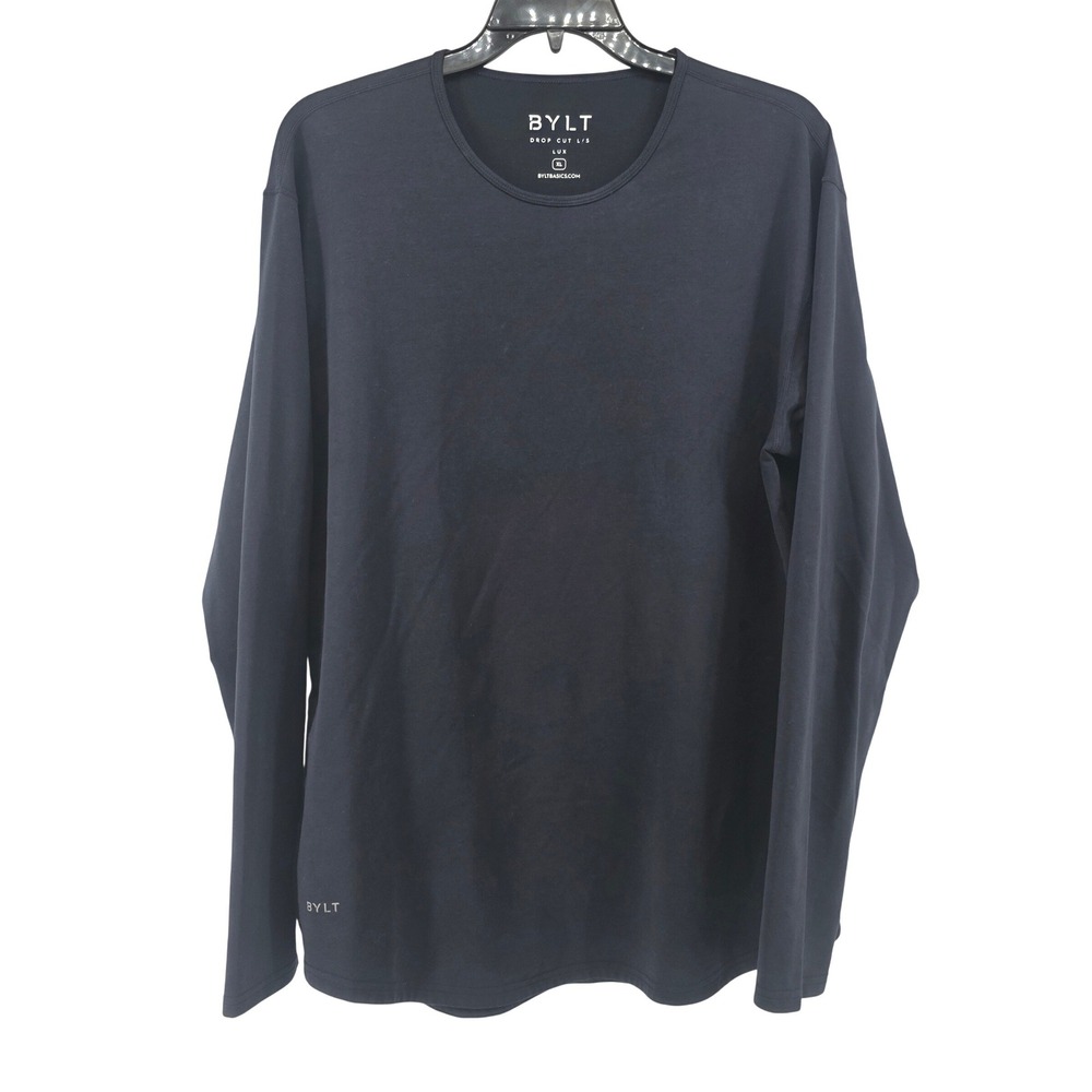 BYLT Basics Men XL Navy Drop Cut Long Sleeve Lux Shirt Curved Hem Crew Neck